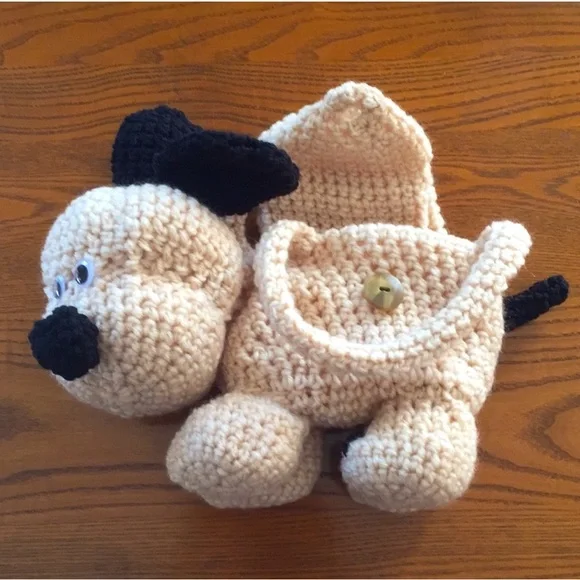 Hand Crafted Crochet Beige and Black Puppy Dog Purse Children’s Carry Toy - Picture 7 of 10